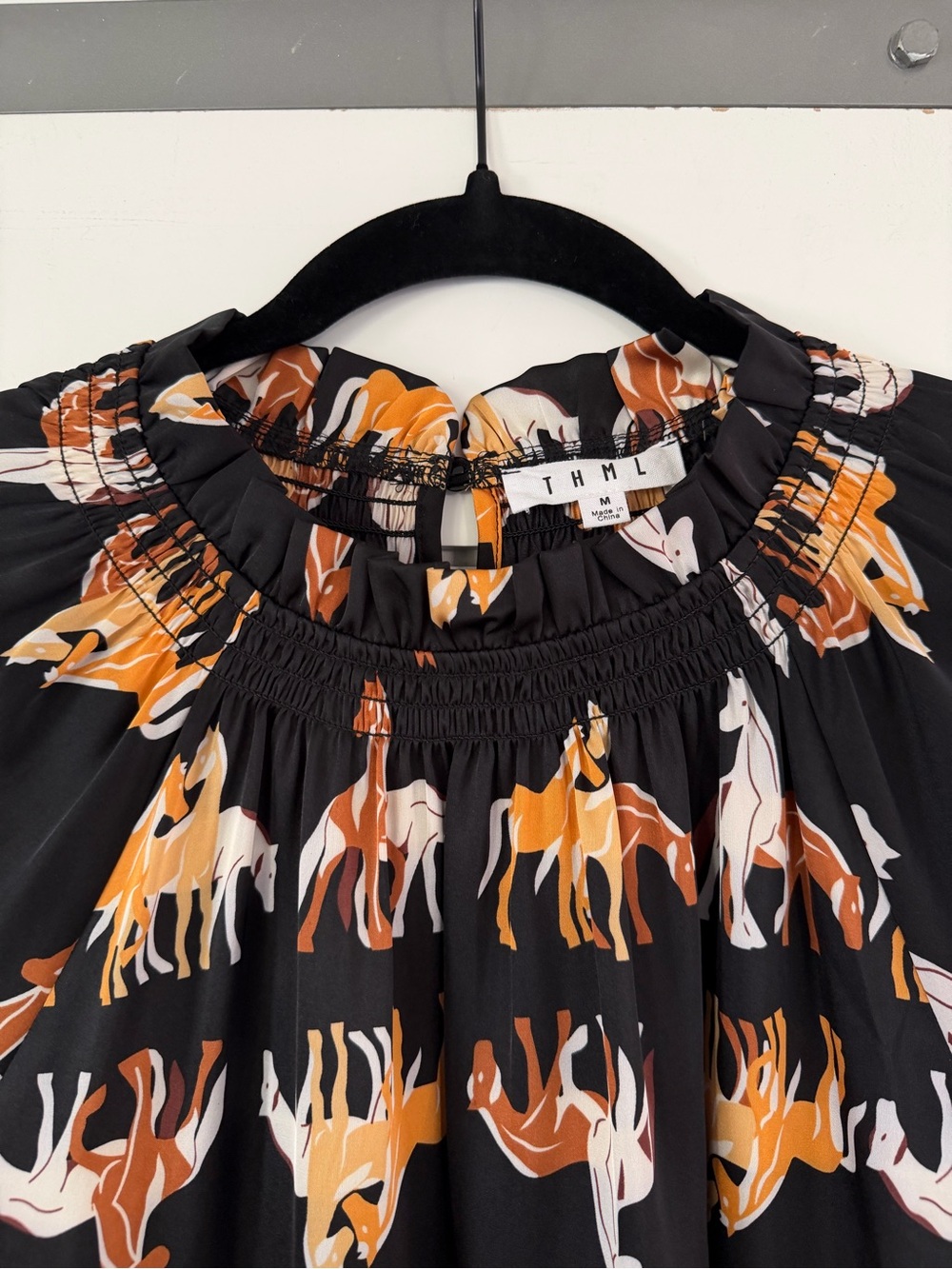 THML Black and Brown Horse Print Satin Blouse Top - Picture 4 of 9